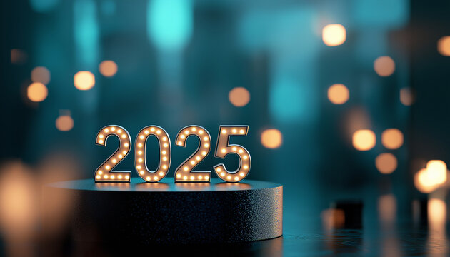 bold new year 2025 marquee light design in dramatic blue bokeh background for stylish celebration theme - Powered by Adobe