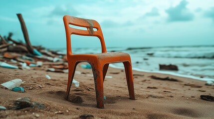 Fototapeta premium An old, weathered orange plastic chair stands alone on a sandy beach, surrounded by scattered debris and ocean waves in the background under a cloudy sky.