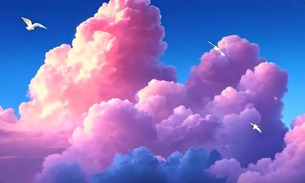 Dreamy pink and blue cloudscape with a single bird in flight.