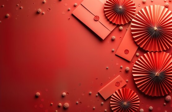 Red Chinese New Year decoration with red envelopes and fans on red background. Minimalist design with bright coral red color scheme and flat lay style. Modern take on traditional Chinese celebration.