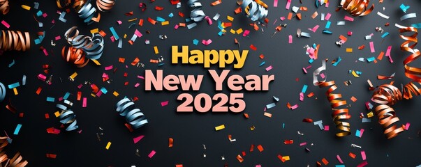 Colorful confetti and streamers falling at a new year's celebration party venue festive atmosphere dynamic perspective joyful spirit