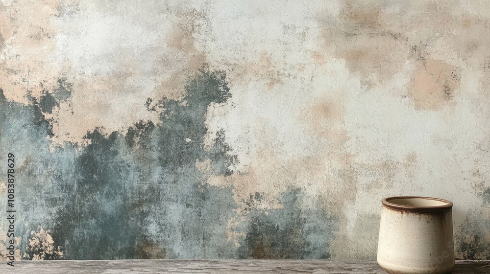 Poster textured wall with subtle blue and beige tones and a simple pot in rustic setting ideal for backgrou