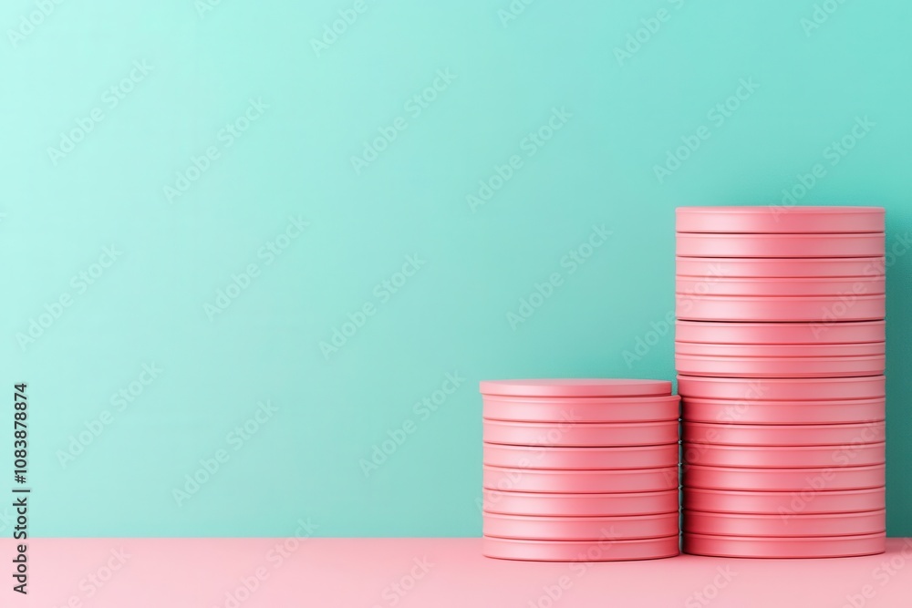 Poster a minimalist composition featuring pink circular stacks on a pastel background, creating a visually 