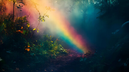 A vibrant rainbow arcs through a misty forest, creating a magical, serene atmosphere.