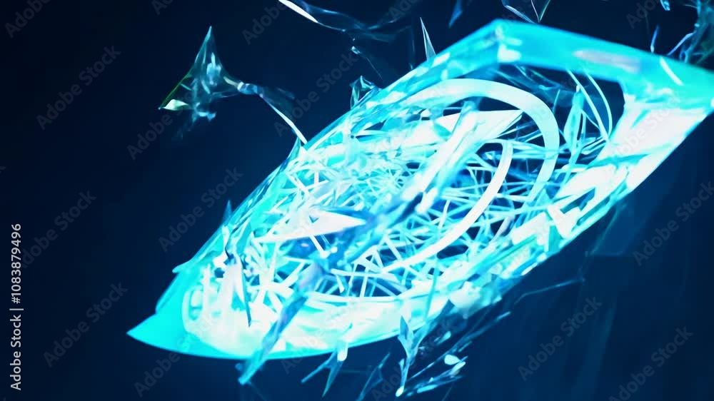 Poster spinning camera captures exploding glass shards with neon edges in dark, slow-motion video with neon