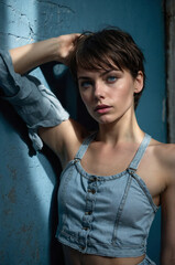 Fototapeta premium Confident Portrait of Woman with Blue Eyes Against Textured Blue Wall