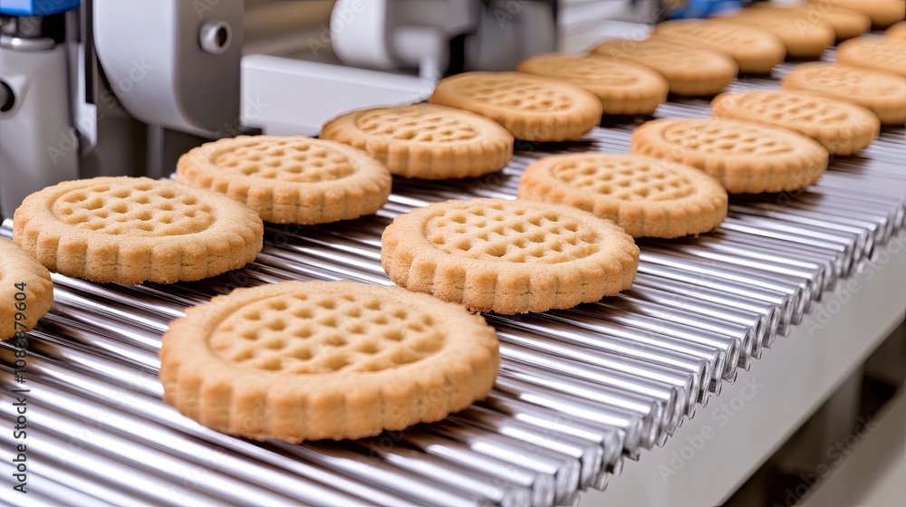 Poster A busy production line showcases round cookies moving towards the oven in a bustling factory setting
