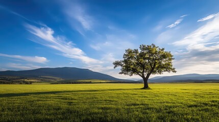 Fototapeta premium A large tree stands in a field of grass