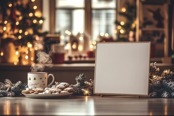 Steaming mug and cookies next to blank sign in christmas decorated kitchen