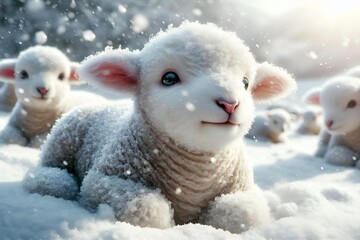 Obraz premium Lamb Grazing in Snowfield: A Realistic Winter Scene Closeup