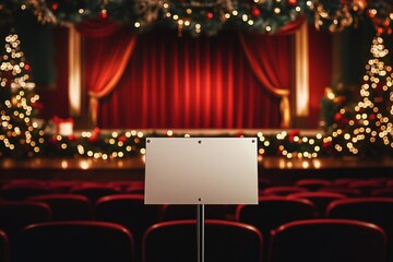 Blank sign standing in theater with christmas decorations