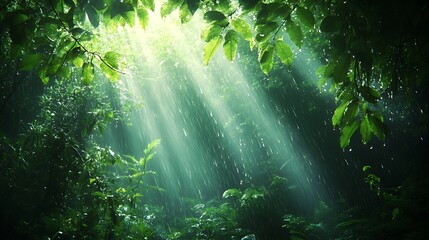 Fototapeta premium Defocused particles on a soothing green nature background for serenity.