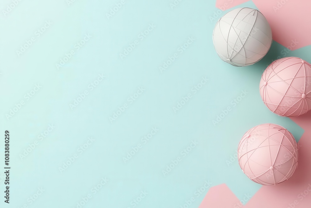 Poster three decorative balls in pastel colors are placed on a soft background, creating a calm and playful