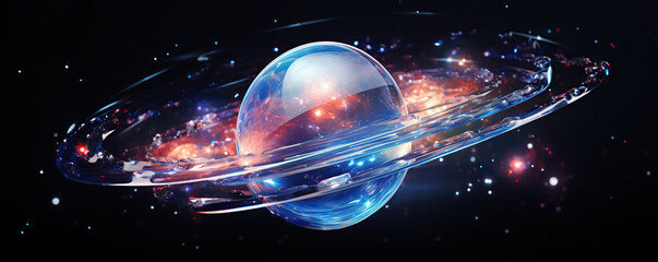 Naklejka premium Colorful cosmic sphere surrounded by swirling rings in a galactic setting with sparkling stars