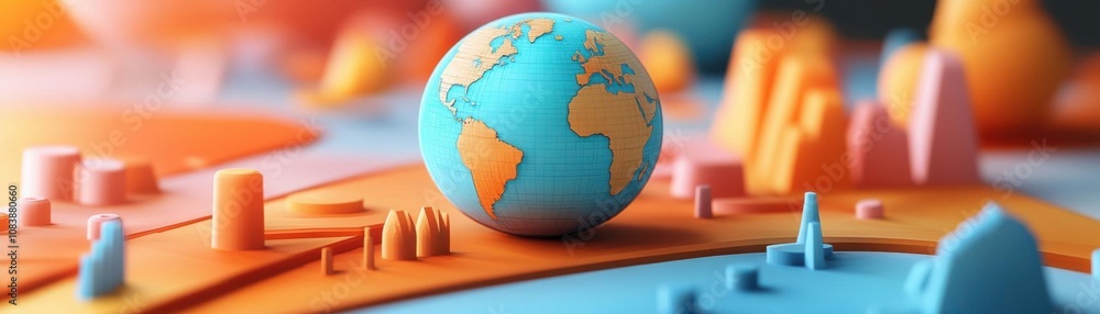 Poster a colorful globe sits on a vibrant, stylized map, surrounded by abstract shapes representing differe