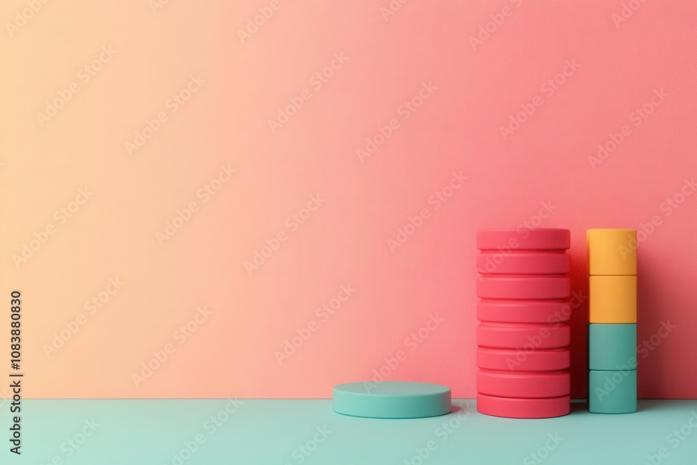 Poster a colorful arrangement of stacked circular objects against a gradient background, showcasing vibrant