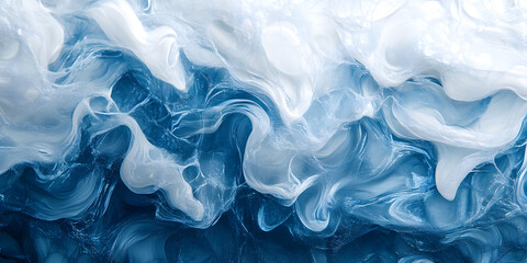 Obraz premium Advanced minimalist abstract blue and white paint mixing scene, collision and fusion. Wallpaper, background, hand drawing, commercial, art, poster, advertising, illustration