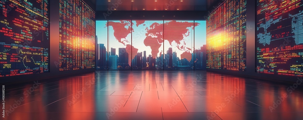 Poster a futuristic room featuring digital screens displaying a world map and vibrant city lights, creating