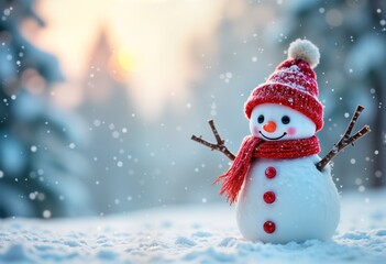 Fototapeta premium Cheerful snowman in winter landscape. Snowy scene with falling snow., scarf. Winter fairytale. Christmas, New Year greeting card. Copy space for text. Snowy hill with trees in background. Calm,