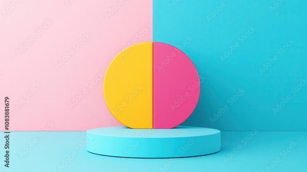 Poster a colorful geometric display featuring a pink and yellow circle on a turquoise platform against a pi