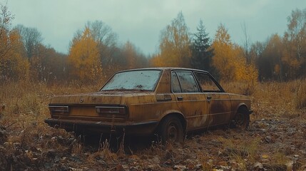 Rusty car abandoned in autumnal field.