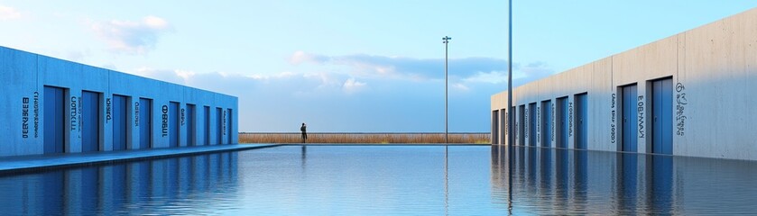 Fototapeta premium A serene architectural scene featuring mirrored water and minimalist structures.