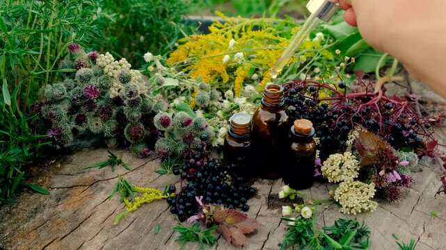 Flower and herbal extract in a bottle. Selective focus.