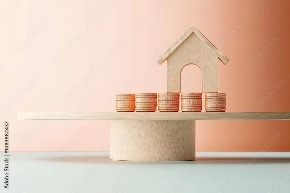 Poster a minimalist display featuring a small house and circular base, emphasizing simplicity and design ha