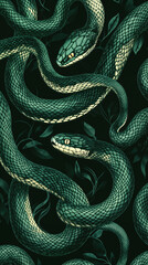 Abstract Arrangement of Green Snakes in Jungle Setting