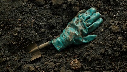 Obraz premium A simple, green gardening glove holding a trowel, against rich soil