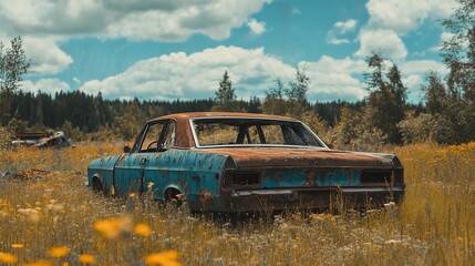 Rusted vintage car in a field.