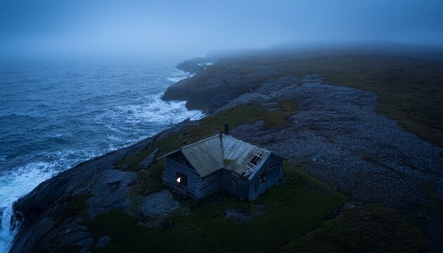 Una vieja caba&ntilde;a de madera, abandonada por la noche, empapada por la lluvia. Las ventanas de la casa est&aacute;n rotas . Encima de un acanntilado al mar.
