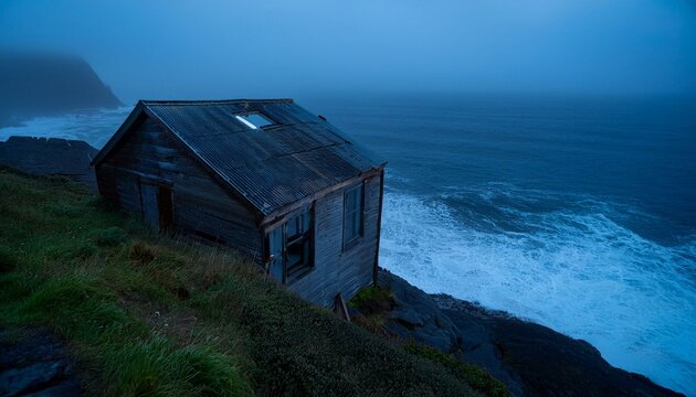Una vieja caba&ntilde;a de madera, abandonada por la noche, empapada por la lluvia. Las ventanas de la casa est&aacute;n rotas . Encima de un acanntilado al mar.