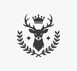 Deer logo design with laurel wreath and crown. Elegant deer emblem design.