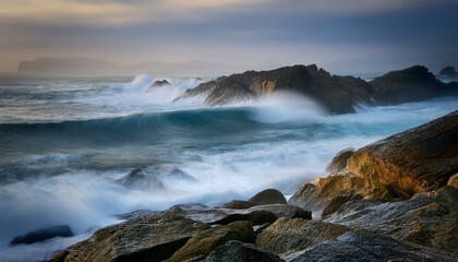 Obraz premium El mar rompiendo en la costa, Foto larga exposiciónn
