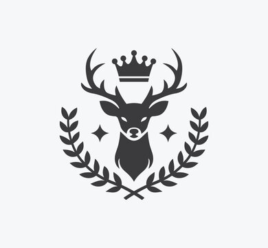 Deer logo design with laurel wreath and crown. Elegant deer emblem design.