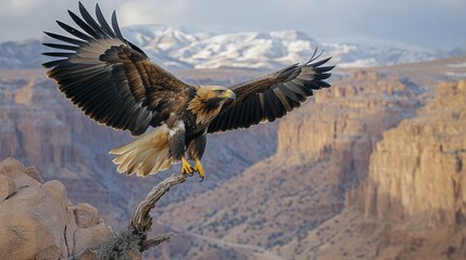 Obraz premium Golden Eagle Taking Off from Branch Over Canyon Landscape
