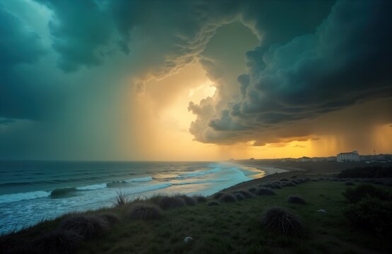 Dramatic coastal scene with incoming storm. Ocean waves crash on shore. Dark clouds gather over distant buildings. Sunrise sunset colors tint sky. Nature beauty, weather changes, stormy weather