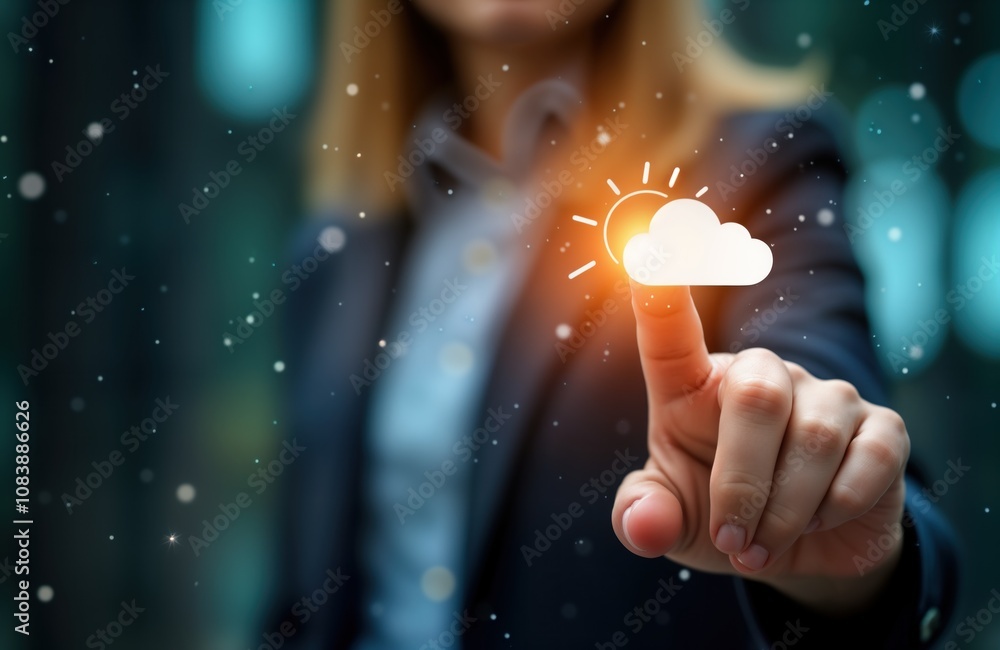 Aufkleber Person interacts with virtual weather icon. Hand points at digital weather forecast display. Tech user checks sunny, cloudy forecast. Future weather tech concept shown on screen. Person looks at