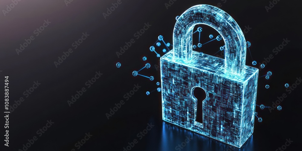 Poster a digital padlock symbolizing cybersecurity and data protection.