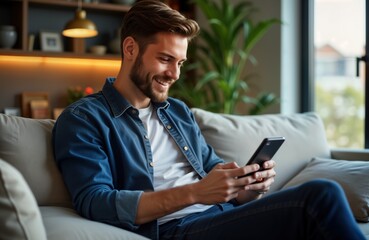 Man sits comfortably on a sofa using a mobile phone for social media marketing. He looks happy and focused. Indoor shot of a home office environment. Relaxed and productive lifestyle.