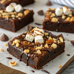 Fudgy brownies topped with nuts, marshmallows, or melted chocolate