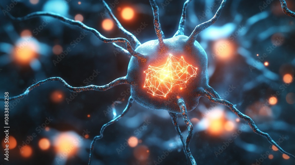 Poster a digital representation of a neuron with glowing connections, illustrating neural networks.