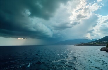 Obraz premium Stormy sea landscape in Sicily. Dramatic sky with dark clouds and powerful waves. Coastal scenery with mountains in background. Dramatic weather. Power of nature. Beautiful sea scene.