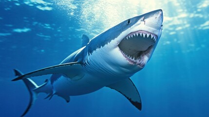 Great White Shark Displays Teeth While Divers Explore in Diving Cage Underwater