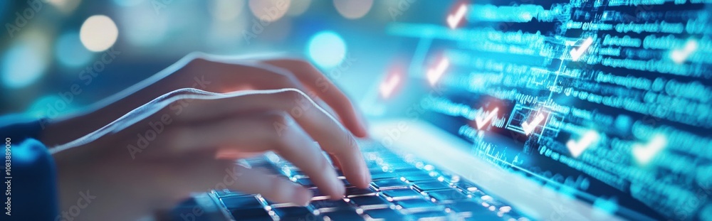 Aufkleber hands typing on laptop with digital document icons and check marks in futuristic blue background