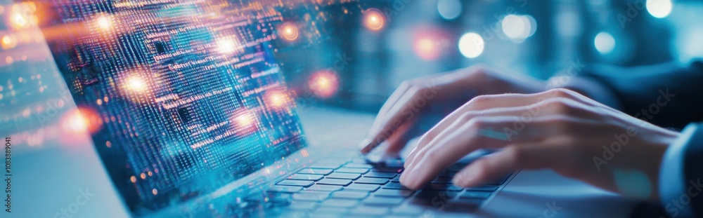 Poster hands typing on a laptop amid digital document icons in a blue futuristic setting