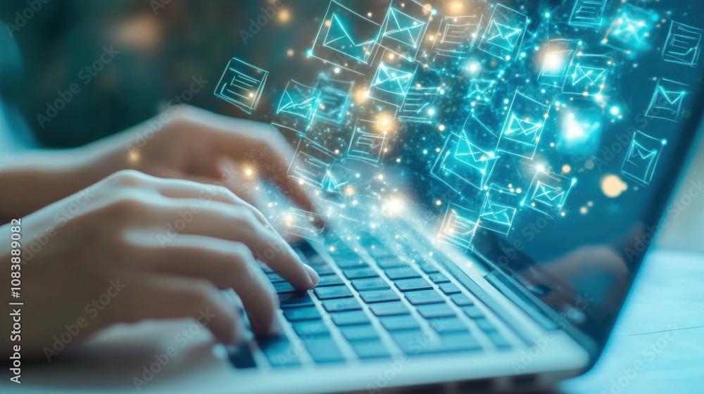 Poster Hands Typing on a Laptop With Digital Document Icons and a Check Mark in a Blue Futuristic Setting