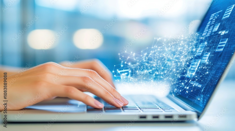 Aufkleber Hands Typing on a Laptop With Digital Document Icons and Check Mark in a Futuristic Setting