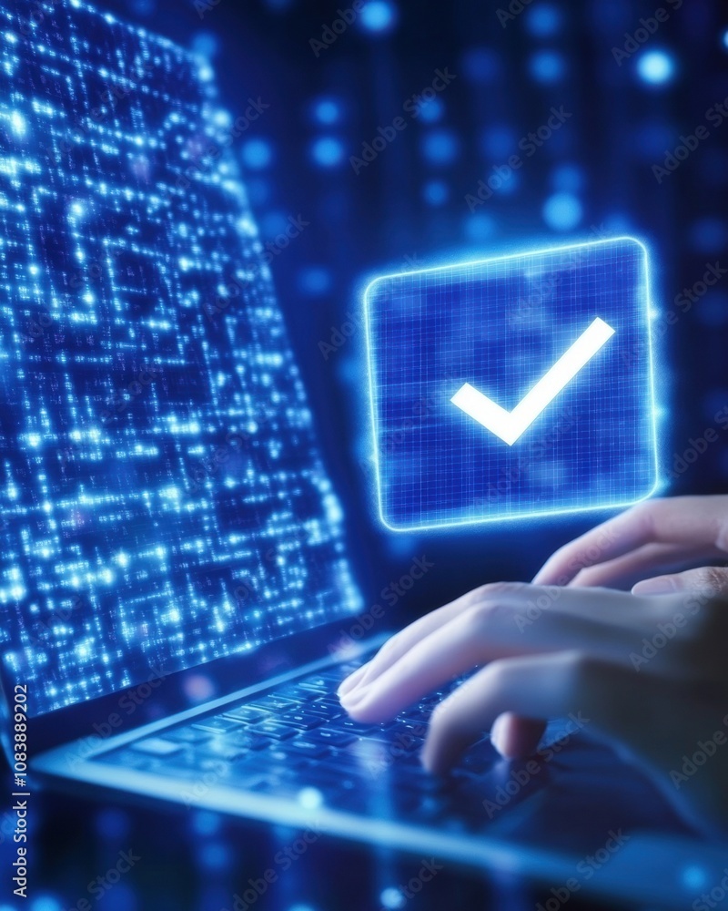 Poster Hands Typing on a Laptop, Focusing on Digital Document Approval With Futuristic Design